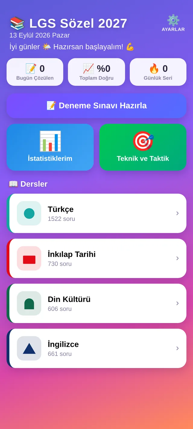 Ana ekran: günün sayaçları, deneme sınavı düğmesi ve dört ders