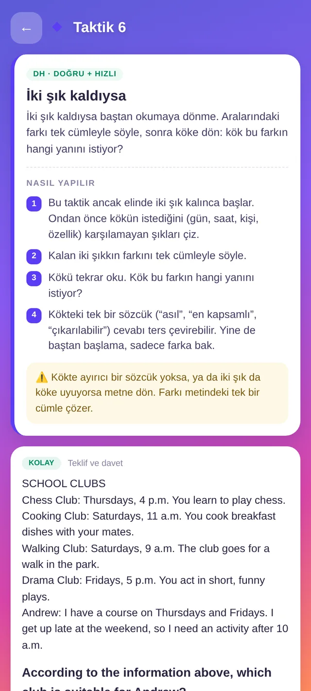 Taktik ekranı: özet, adımlar ve uyarı